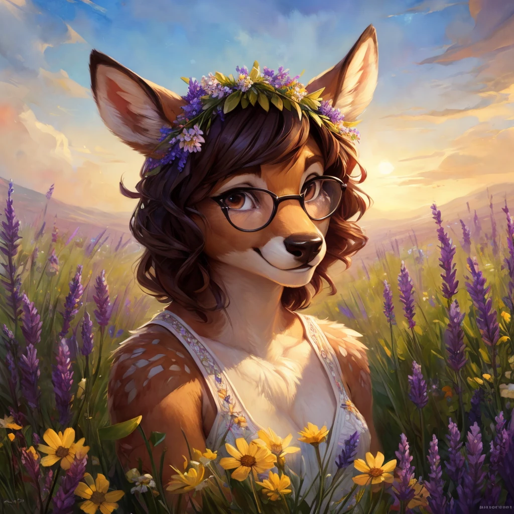 uploaded on e621, watercolor look, by Pixelsketcher, by Bayard Wu, by Thomas Benjamin Kennington , by Einshelm, by hioshiru and kenket, Chunie, portrait, solo anthro female deer doe, with small featureless breasts, clear dark blue, cinematic lighting, day, sunny day, lavender field, stays in a wildflowers field, wildflowers field background, mediterranean background, horizon background, shiny, short curly dark brown hair, wearing big black nerd glasses, very very beautiful furry art, furry art, smiling, joyful, shiny, happy, feminine, cute face, muzzle, fluffy chest, flawless face, Fallow deer, 1girl, Sakimichan is beautiful, Masterpiece, Wavethesallow Face, shiny, Detailed image, portrait, Detailed image, portrait, full body, wearing pure white short spaghetti straps dress, wearing a wildflowers wreath, shiny, realistic face, perfect anatomy, hourglass body, (furry body:1.1), anthropomorphic deer, looks at the viewer, small fluffy tail, detailed background, (cute anatomy:1.1), stands in a wildflowers field, wildflowers in hair
