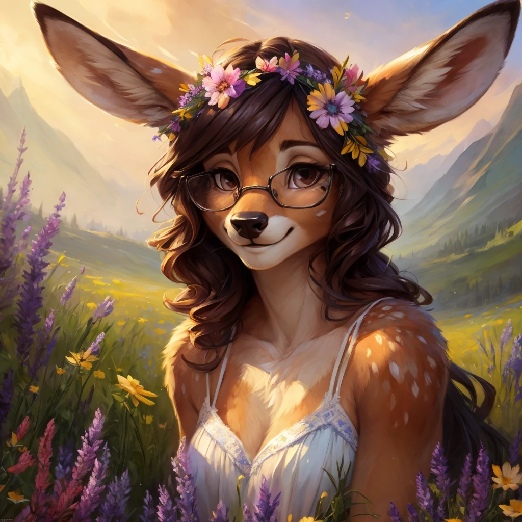 uploaded on e621, watercolor look, by Pixelsketcher, by Bayard Wu, by Thomas Benjamin Kennington , by Einshelm, by hioshiru and kenket, Chunie, portrait, solo anthro female deer doe, with small featureless breasts, clear dark blue, cinematic lighting, day, sunny day, lavender field, stays in a wildflowers field, wildflowers field background, mediterranean background, horizon background, shiny, short curly dark brown hair, wearing big black nerd glasses, very very beautiful furry art, furry art, smiling, joyful, shiny, happy, feminine, cute face, muzzle, fluffy chest, flawless face, Fallow deer, 1girl, Sakimichan is beautiful, Masterpiece, Wavethesallow Face, shiny, Detailed image, portrait, Detailed image, portrait, full body, wearing pure white short spaghetti straps dress, wearing a wildflowers wreath, shiny, realistic face, perfect anatomy, hourglass body, (furry body:1.1), anthropomorphic deer, looks at the viewer, small fluffy tail, detailed background, (cute anatomy:1.1), stands in a wildflowers field, wildflowers in hair
