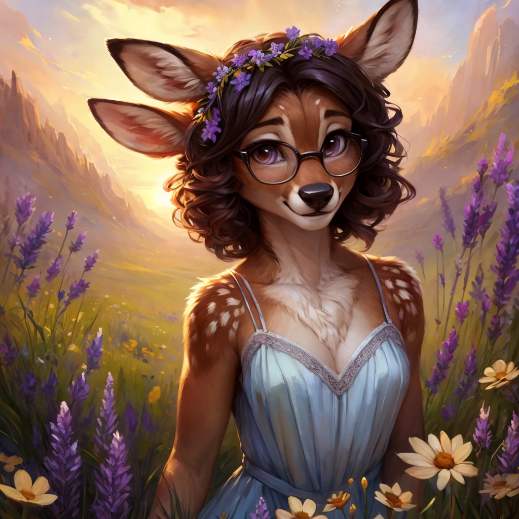 uploaded on e621, watercolor look, by Pixelsketcher, by Bayard Wu, by Thomas Benjamin Kennington , by Einshelm, by hioshiru and kenket, Chunie, portrait, solo anthro female deer doe, with small featureless breasts, clear dark blue, cinematic lighting, day, sunny day, lavender field, stays in a wildflowers field, wildflowers field background, mediterranean background, horizon background, shiny, short curly dark brown hair, wearing big black nerd glasses, very very beautiful furry art, furry art, smiling, joyful, shiny, happy, feminine, cute face, muzzle, fluffy chest, flawless face, Fallow deer, 1girl, Sakimichan is beautiful, Masterpiece, Wavethesallow Face, shiny, Detailed image, portrait, Detailed image, portrait, full body, wearing pure white short spaghetti straps dress, wearing a wildflowers wreath, shiny, realistic face, perfect anatomy, hourglass body, (furry body:1.1), anthropomorphic deer, looks at the viewer, small fluffy tail, detailed background, (cute anatomy:1.1), stands in a wildflowers field, wildflowers in hair
