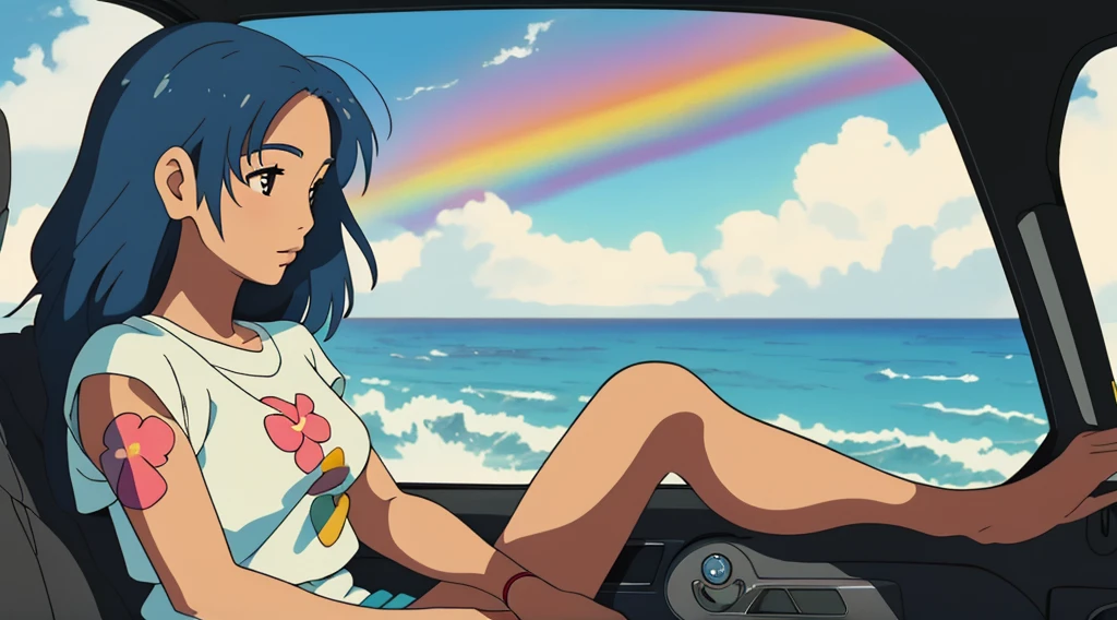 masterpiece, Highest quality, Rainbow Style, anime, Beautiful Asian Girl, tattoo, Sitting in a car, Along the Hawaiian Coast, Cute and dreamy,anime,Illustrator,Lo-fi Girl, Blues,