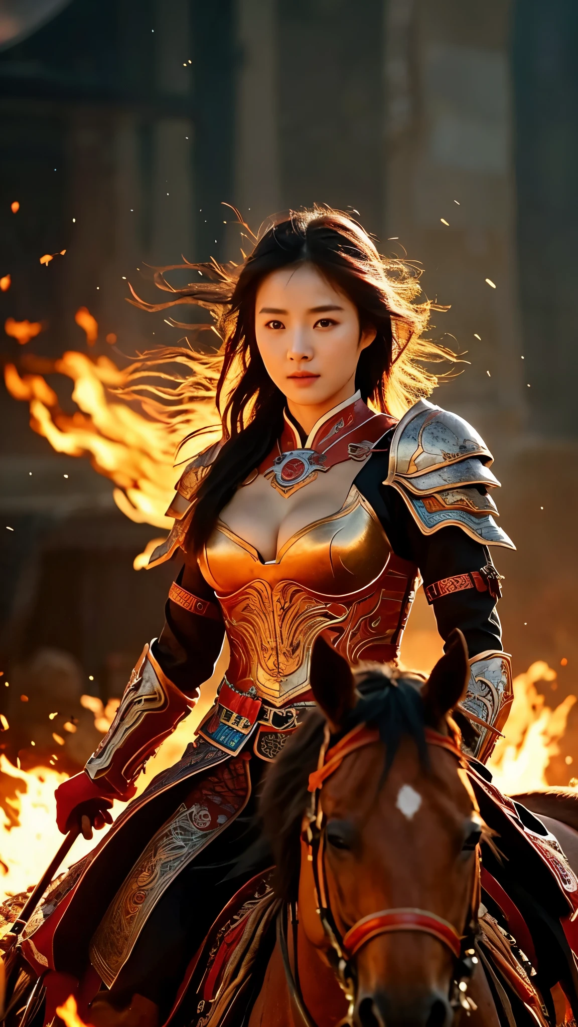 close-up of beautiful korean female, 34 inch breasts size, wearing Chinese warrior, riding horse, burning fire backdrop, cinematic scene, UHD