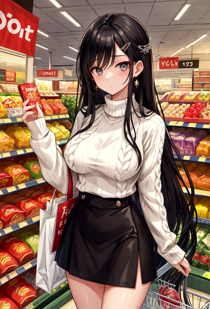 Beauty mother-in-law shopping Supermarket Black Hair Straight long hair hairpin White knitted sweater Beautiful breasts Above the knee length skirt clear Troubled face