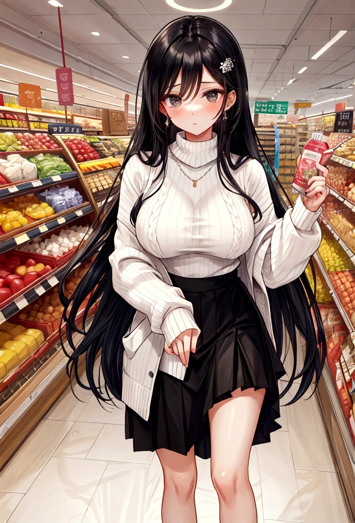 Beauty mother-in-law　shopping　Supermarket　Black Hair　Straight long hair　hairpin　White knitted sweater　Beautiful breasts　Above the knee length skirt　clear　Troubled face