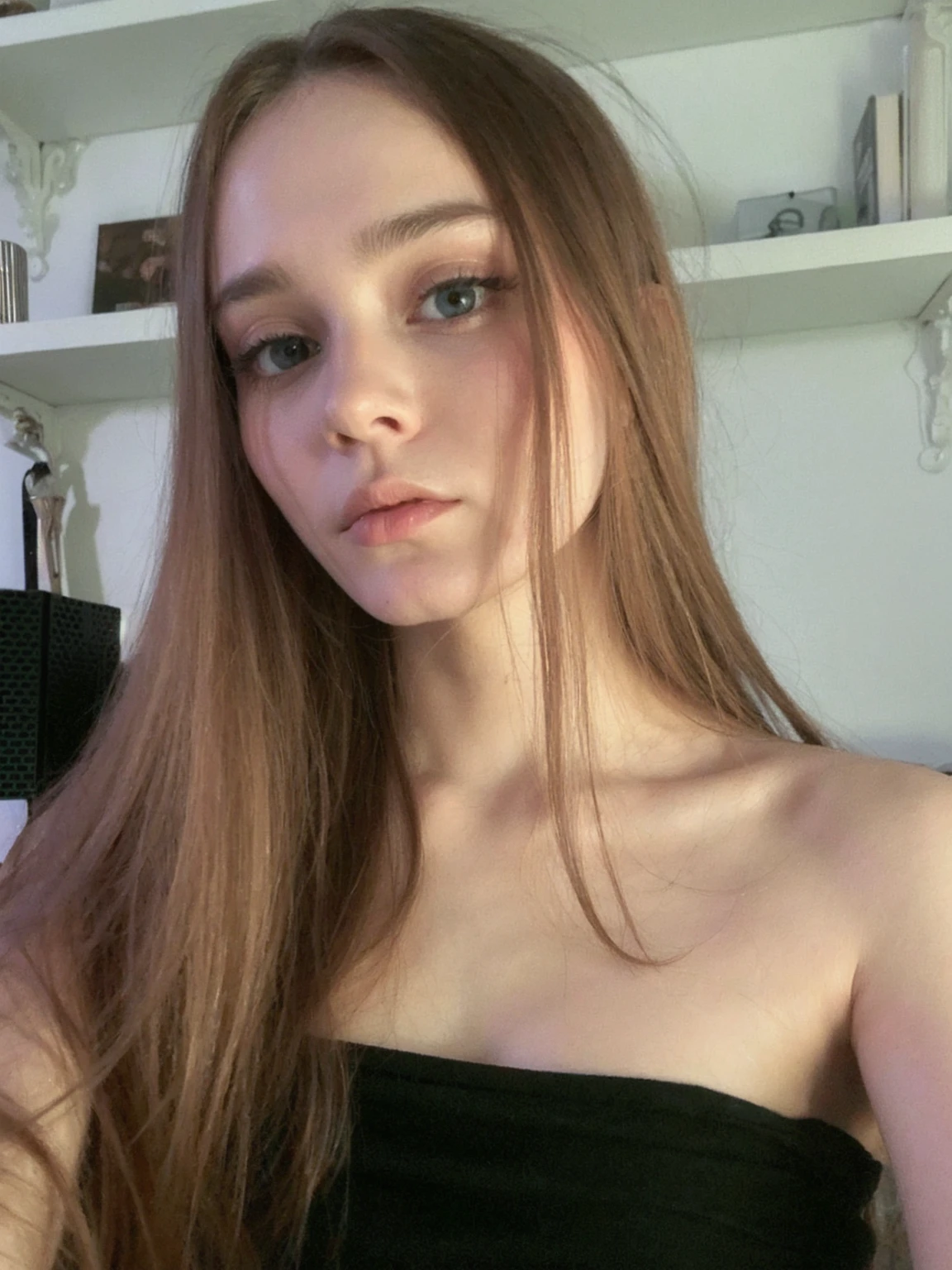 best quality, face focus, soft light, ultra high res, (photorealistic:1.4), RAW photo,
1 russian girl, solo, cute, (pupil, lights in the eyes),  detailed beautiful face, (small chest),(high resolution detail of human skin texture),
(long hair),
indoor,
Damask Shirt Dress,
(portrait), perfect body, blue eyes, beautiful hair, sexy body