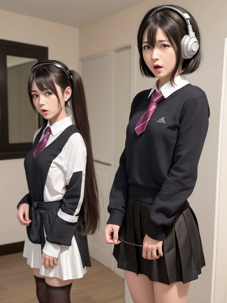 best quality, masterpiece, realistic, photorealistic, standing, cosplay, BLACK hair, twintails, hair ornament, headphones, ,sailor collar, shirt, long sleeves, necktie,, pleated skirt, loafers, 30 years old、Japanese women、Black Hair、Very short hair、Twin tails、Flat Chest、 white room as the background、Singing a song、