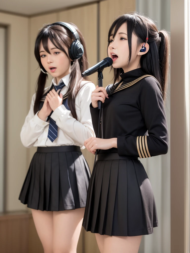 best quality, masterpiece, realistic, photorealistic, standing, cosplay, BLACK hair, twintails, hair ornament, headphones, ,sailor collar, shirt, long sleeves, necktie,, pleated skirt, loafers, 30 years old、Japanese women、Black Hair、Very short hair、Twin tails、Flat Chest、 white room as the background、Singing a song、