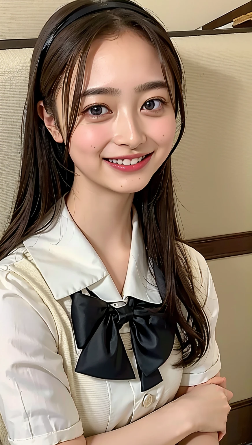 (((cowboy shot))),Ultra-high resolution,big eyes,((brown eyes)),Japanese,(forehead),(a girl),(1 girl),(()),(cute),pretty,((facing at viewer)),arms behind back,grin,((black school sailor uniform))