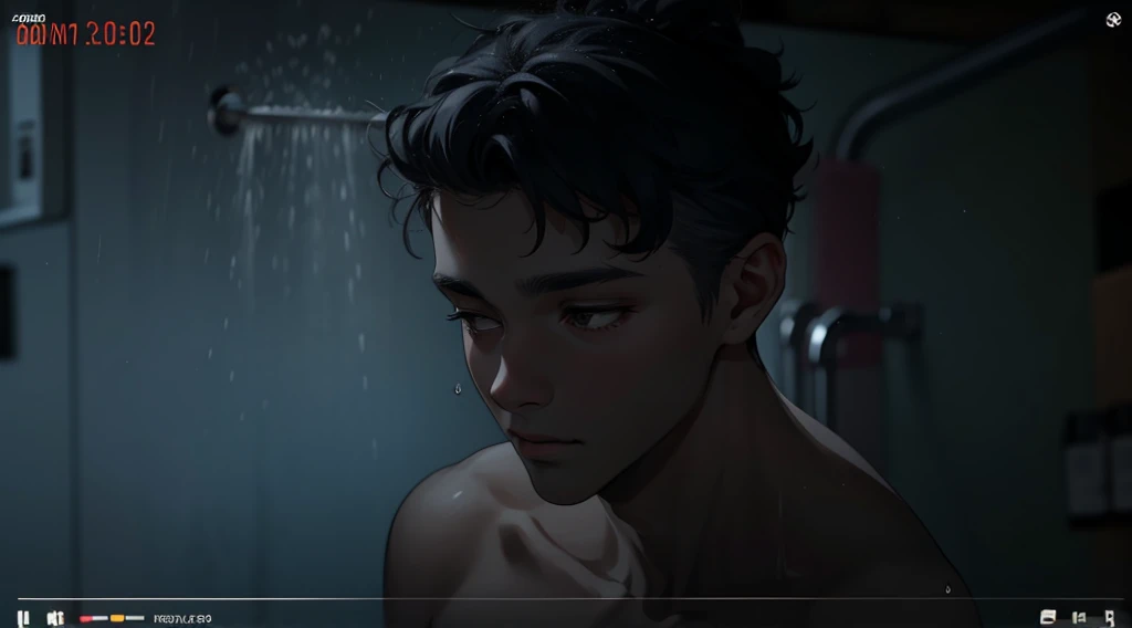 cute 17 year old gray hair is taking a shower and is thoughtful