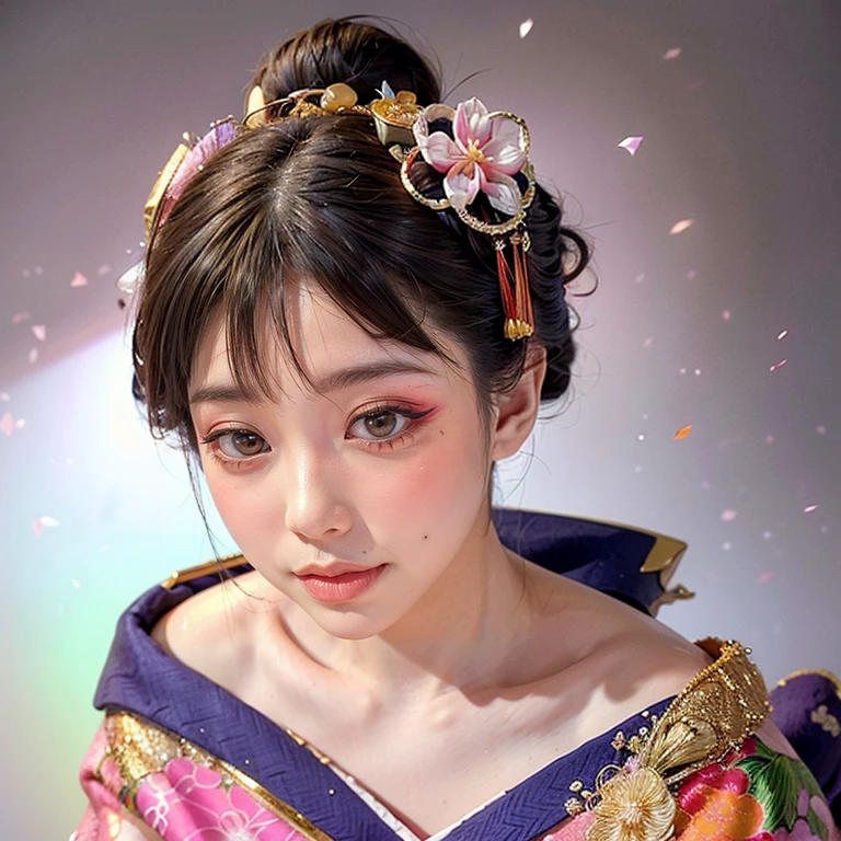(PUNIPUNI clavicle KIMONO (offshoulder) KANZASHI FlowerHairpins Topknot TwinBun Oiran-Hair)High-level, 8K Masterpiece TopQuality, Ultra-detailed CG, Absurd detailed wallpaper, PerfectLighting, Extremely detailed (((Personifying " OIRAN " as a KAWAII Girl))), Characteristic Items, aesthetic LifeLike Rendering, MysticSight, Haze Tyndall Scattering, (Studio GRAY Background with (Oodles Dazzling Iridescent Particles (BokeH))), (((Assfocus)) RoundlyButt) ThighGap, (Exposed:0.44) 🔞 BREAK (Acutance:0.8), (NOGIZAKA FaceVariations) Extremely Detailed very KAWAII FaceVariations, Childish CaptivatingGaze ElaboratePupils Detailed Eyes with (SparklingHighlights:1.28), (Voluminous LongEyelashes:0.88)、Glossy 💄 Lips with beautiful details, CoquettishTongue, PUNIPUNI RosyCheeks, Radiant PearlSkin with Transparency, Glowing DowneyHair . { (Dynamic LifeLike expressions:1.4) | (:d) }, (large eyes:-1) .