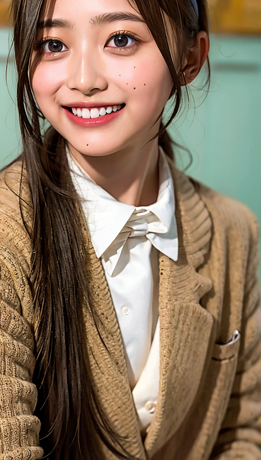 (cowboy shot),Ultra-high resolution,big eyes,(brown eyes),Japanese,(forehead),(a girl),(1 girl),((17 years old)),(cute),pretty,((facing at viewer)),grin,(white school uniform)