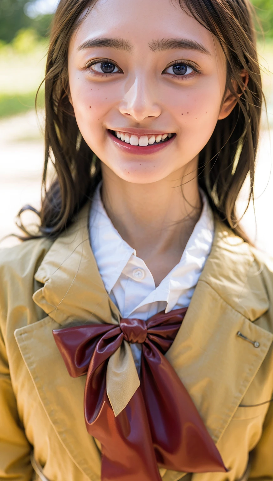 (cowboy shot),Ultra-high resolution,big eyes,(brown eyes),Japanese,(forehead),(a girl),(1 girl),((17 years old)),(cute),pretty,((facing at viewer)),grin,(white school uniform)