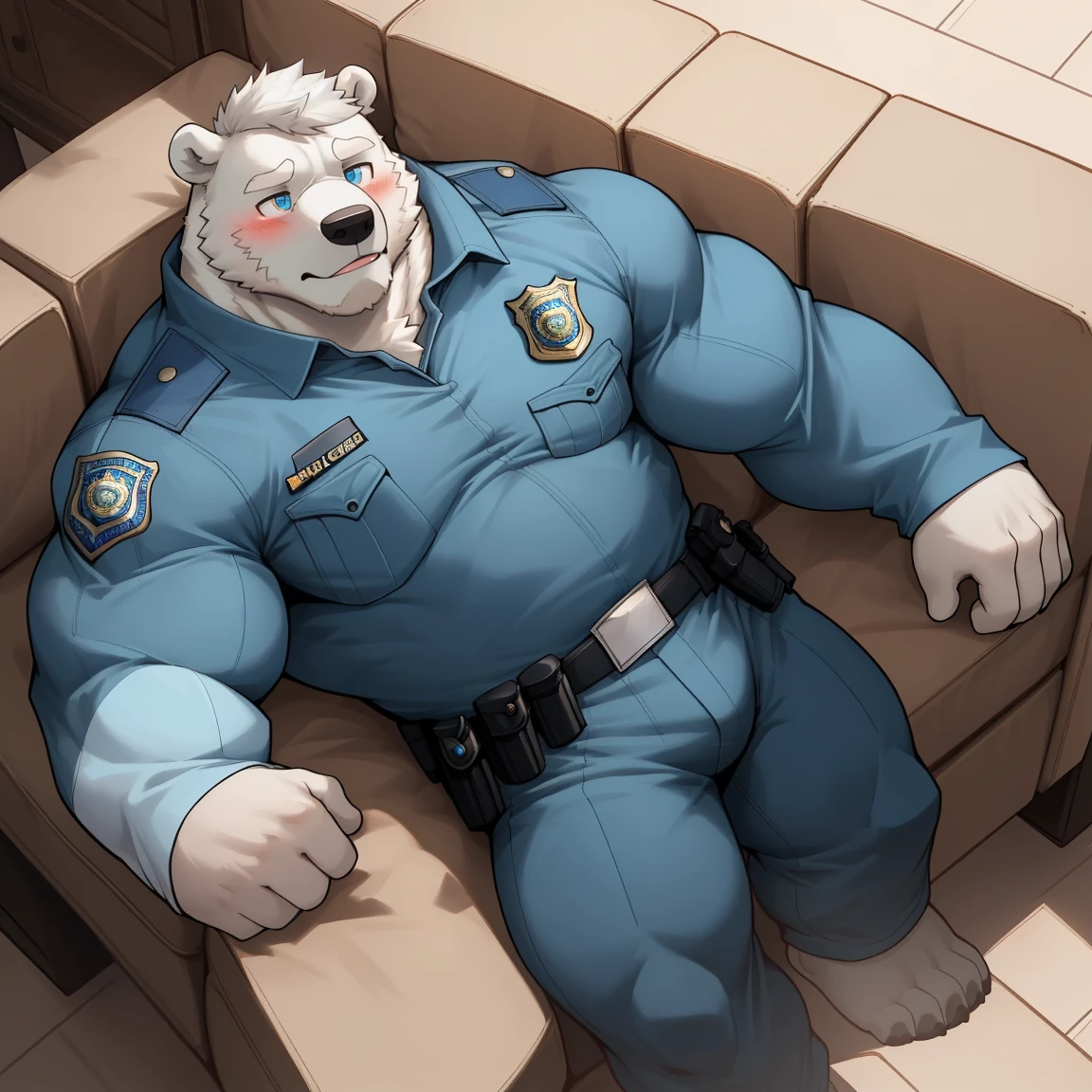 masterpiece, best quality, 8k resolution, Very detailed, hairy,(((polar bear)),(((Mature))),(((beard))),(((Strong))),(((White hair all over body))),(((portrait))),(((White hair))),(((tired))),For the audience,(((Police Uniform))),(((Lying on the sofa))),(((Tired))),Highest quality scene,(((whole body))),(((Shameful))),(((Blushing))),((( Blue Eyes))),(((Legs apart))),((Fat-enclosed muscle)),(((Round face))),(((alone))),(((Strong body))),(((Hip bulge))),(((Long-sleeved)))