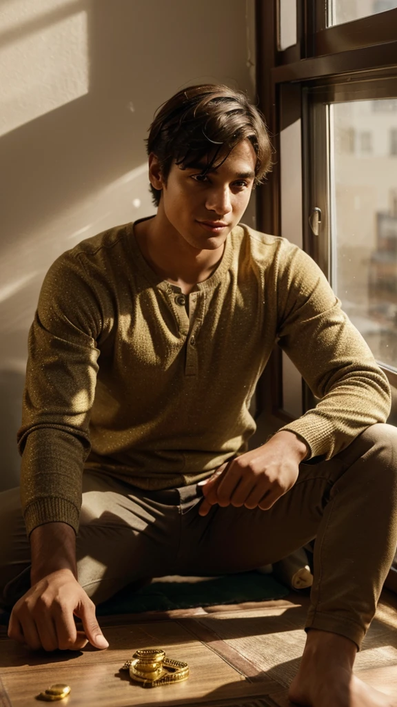 A scene showing a young man sitting in an apartment with the price he has. His face looked enthusiastic and full of curiosity, while around him there were treasures, gold and money
abundance spread wide on the walls. The soft light from the window gives the room a peaceful and reflective feel. The is studying the advantages of wealth, with his enthusiastic eyes showing his determination to understand the complexity and diversity of these treasures.