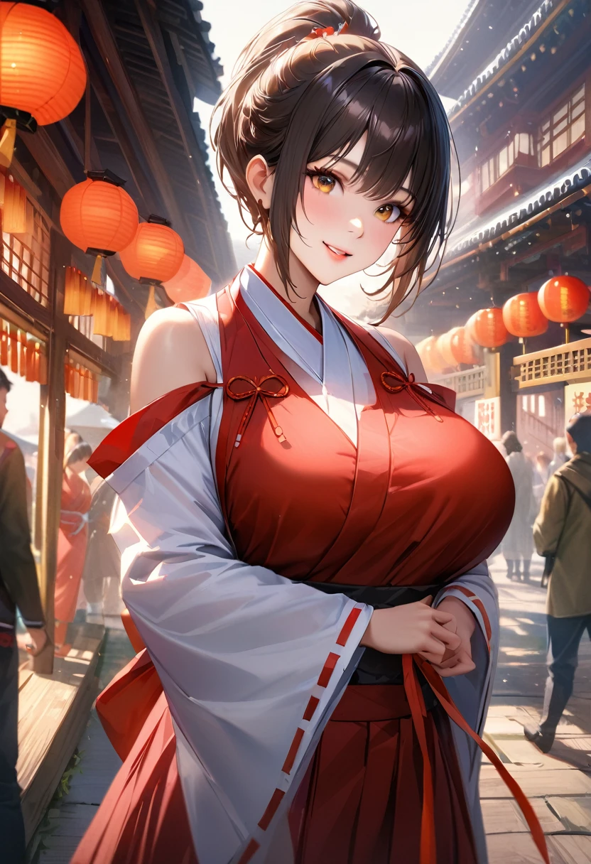 highest quality、High resolution、detailed background、cute10代の美少女、two women、brown hair、bob cut、braided hairstyles、(huge breasts:1.3)、realistic、perfect body line、cowboy shot、
Floral embroidered panties、No bra、sexy shrine maiden costume、
happy look、smile、?????? expression、Calm atmosphere、
shrine maiden、participate in rituals and festivals、
Perform sacred rituals to offer prayers and blessings in front of the shrine together with the shrine.'chief priest and priests.、
Guide the worshipers、Explaining the rules and etiquette of the shrine.、
It plays the role of supporting worshipers so that they can worship properly.。.、
Seasonal events and events are held at the shrine..、May be involved in planning and management、
Preparation and practice for festivals and kagura、Helping the chief priest and priest at the shrine.、
Shrine management and ritual preparations、Day々business support、
The role of the shrine maiden、This is an important role deeply involved in the maintenance and development of shrine beliefs and festivals.。.、
Activities and services at sacred sites are open to the public..々we are expected to show appreciation and respect、
cute