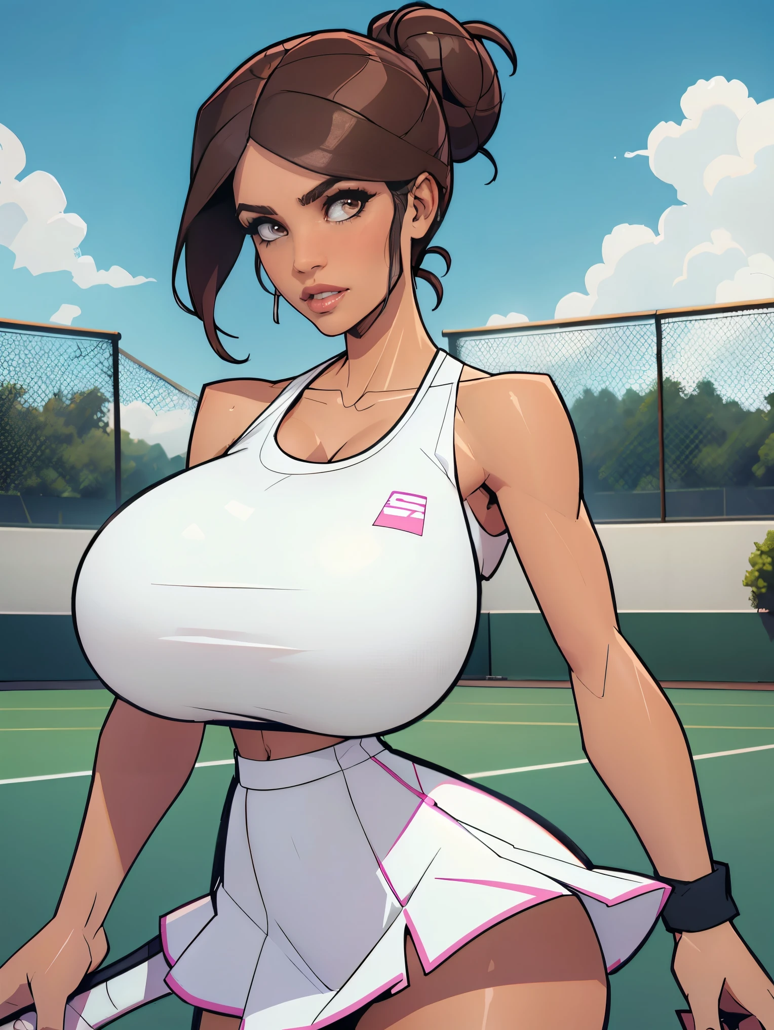 Extremely busty thin and toned brunette tennis player, fair skin, loose updo, soft face, athletic, white tank top, pink skirt, white tennis hat. detailed background, tennis court.