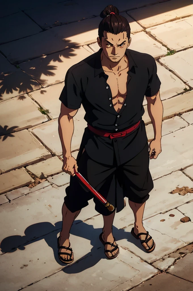 man 20 years old, big hair tied brown samurai style, brown oriental style eyes, expression of joy, skin fair, wearing black button down shirt, but with the first 3 shirt buttons loose, shirt not too tight and not too loose, semi-buttoned, black dress pants, black long toe shoes, posing man standing holding a medium cane with round crystal handle, art with light and shadow, tall and intelligent man