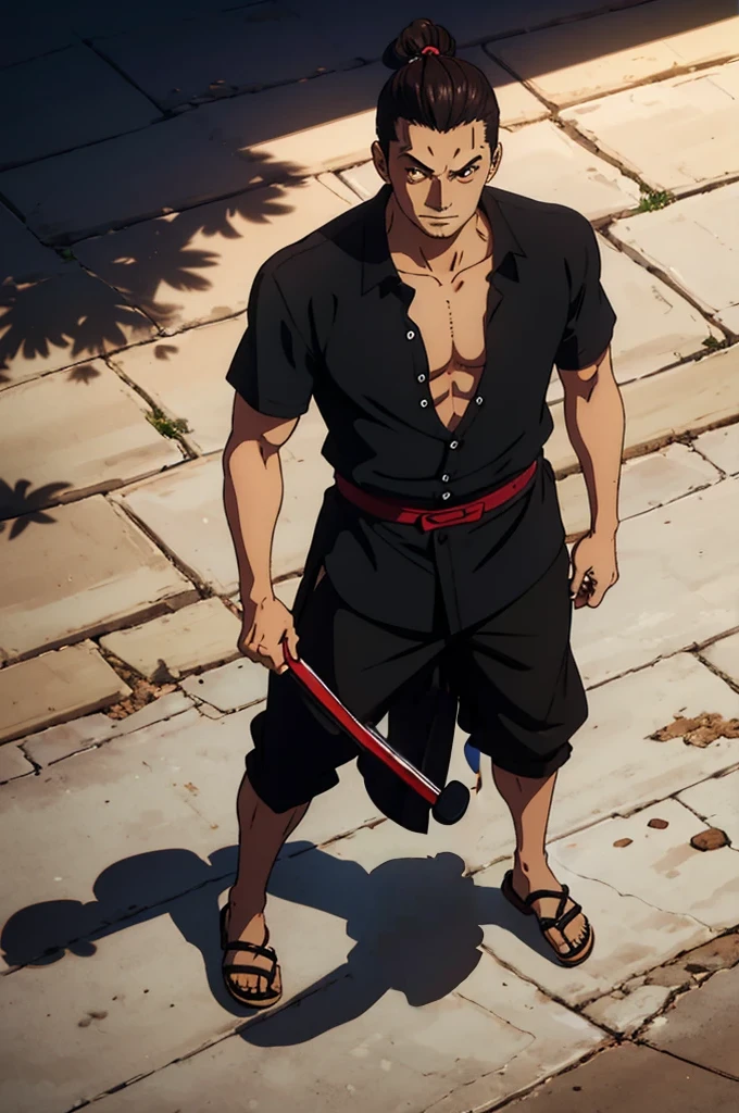 man 20 years old, big hair tied brown samurai style, brown oriental style eyes, expression of joy, skin fair, wearing black button down shirt, but with the first 3 shirt buttons loose, shirt not too tight and not too loose, semi-buttoned, black dress pants, black long toe shoes, posing man standing holding a medium cane with round crystal handle, art with light and shadow, tall and intelligent man