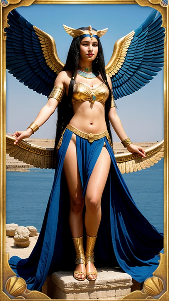  winged goddess isis young , long blue hair,Red eyes ,in a beautiful dress with giant wings of goddess Isis in ancient Egypt , sphinx behind reality 