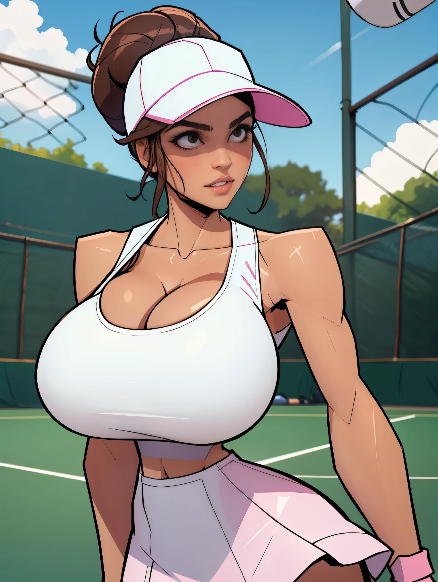 Extremely busty thin and toned brunette tennis player, fair skin, loose updo, soft face, athletic, white tank top, pink skirt, white tennis hat. detailed background, tennis court.