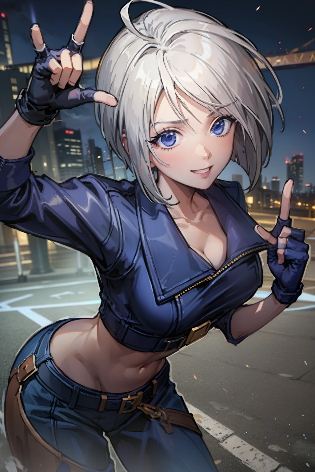 (masterpiece), best quality, expressive eyes, perfect face, highres, 1girl, solo, angelms, white hair, jacket, ahoge, fingerless gloves, midriff, hands to ????, leaning forward, smiling, fanstasy background, particles, magic, standing,cowboy shot, looking at the viewer, from front, holding divine sword, ultra detailed divine sword
