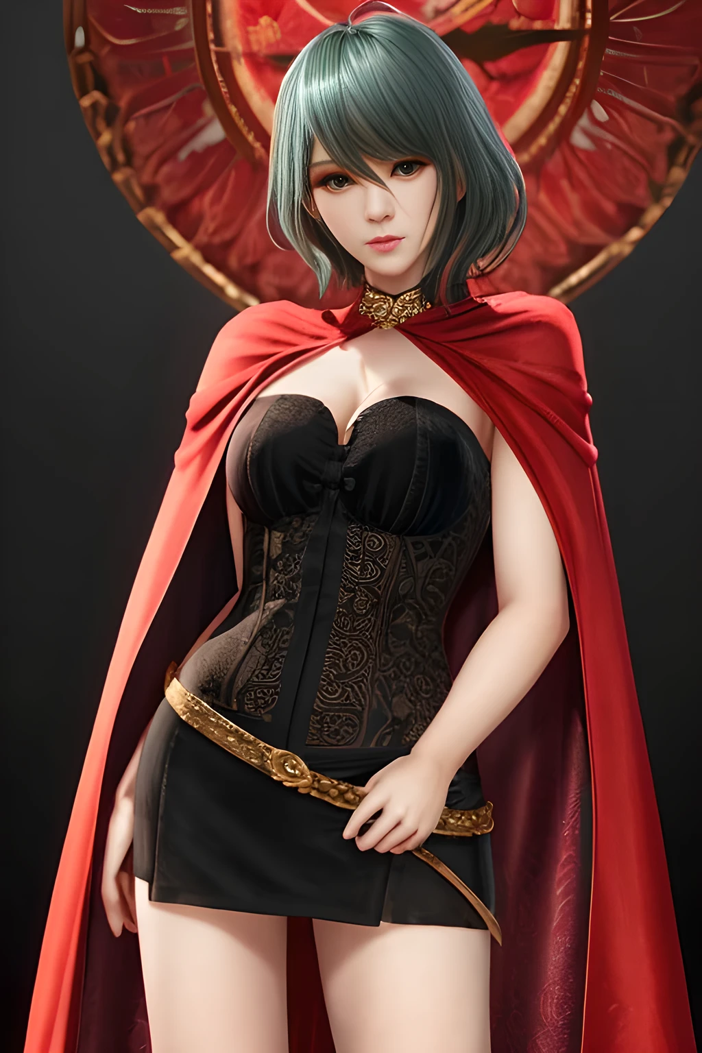 1girl,(Red Theme: 1.2), wearing a velvet dress, a gorgeous cape,, beautiful detailed eyes, beautiful detailed lips, extremely detailed eyes and face, long eyelashes, best quality, 4k, 8k, highres, masterpiece, ultra-detailed, realistic, photorealistic, photo-realistic, ethereal glow, regal elegance, intricate details, luxurious, otherworldly beauty, dark atmospheric background, supernatural aura, focus on thighs and above,tamaki