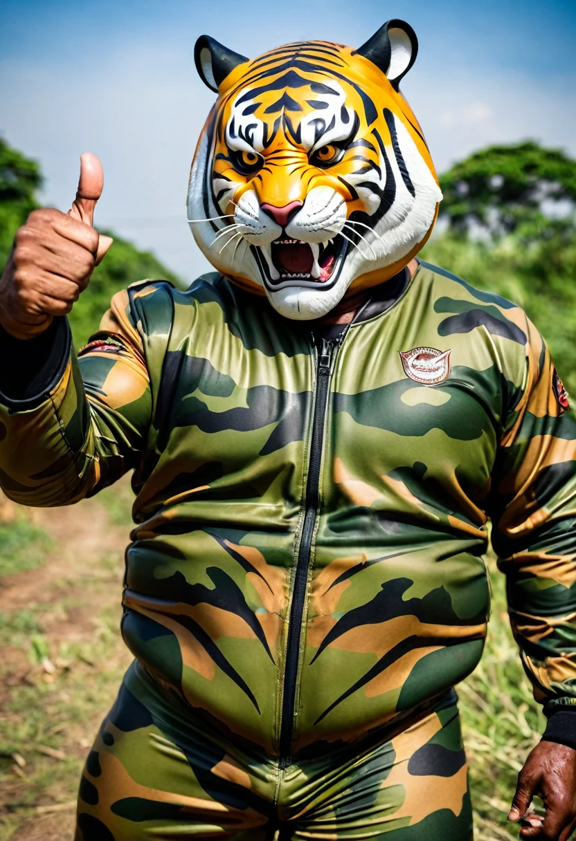 (a dark-skinned fat muscular old man in a bulky army camouflage zipper diver suit) doing thumbs up pose, (wearing realistic roaring siberian tiger mask), muscular, Bruce Onobrakpeya, sumatraism, stanley artgermm, action, heroic, fierce, snarling
