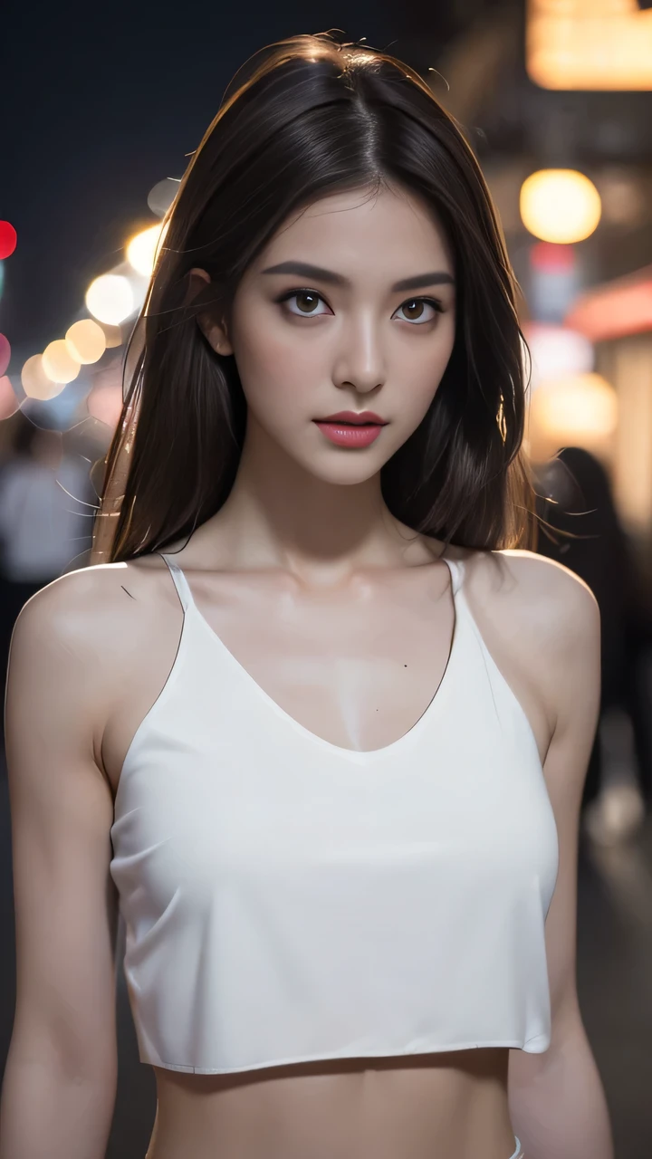 ((Realistic lighting, best quality, 8K, masterpiece: 1.3)), Be focused: 1.2, 1 Girl, perfect beauty: 1.4, Large Breasts: 1.2, Slim abdominal muscles: 1.1, ((Dark brown hair)), (White cropped top: 1.4), (outdoor, night: 1.1), City Streets, Very delicate face, Beautiful eyes, Double eyelids,
