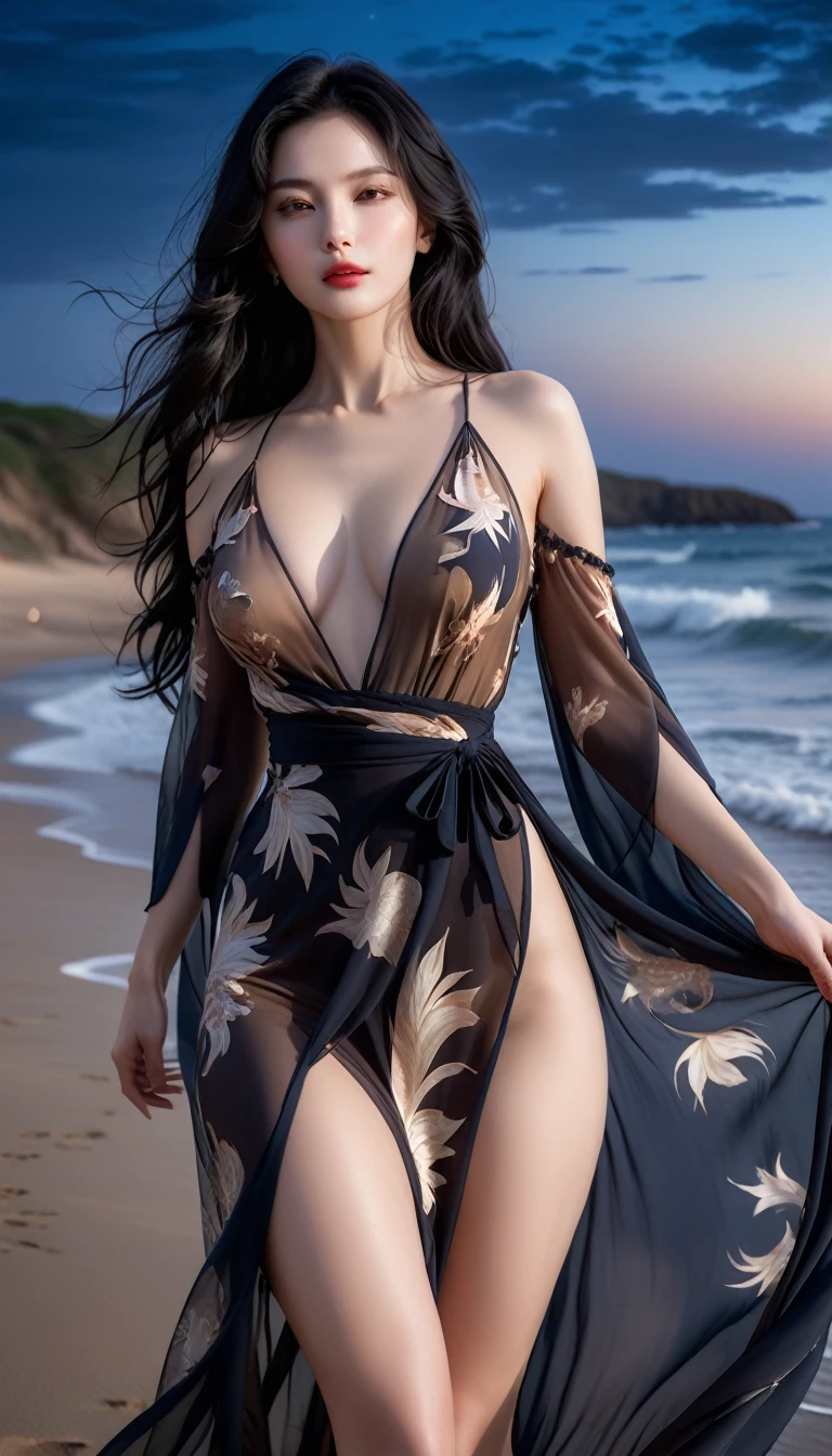 ((Masterpieces with up to 16K resolution:1.6)),Highest quality,it is really amazing,Very detailed,Ultra-high resolution,(Real:1.5),(Realistic:1.5),Increased depth of field,Cinematic Light,
Elegant mature woman,
Long black hair,(Exquisitely detailed face:1.5),Face with a gentle expression,Translucent white skin,Very sensitive skin,Great proportions,Anatomically correct body,
Elegant high leg swimsuit,Artistic design,Beautiful and detailed pattern,Detailed fabric texture,Gorgeous necklace,
Coastal landscape at dusk,Dark clouds and dark sky,delay々Continuing sandy beach, Deserted Beach,Dark sea surface,
(Cinematic Angle:1.5),