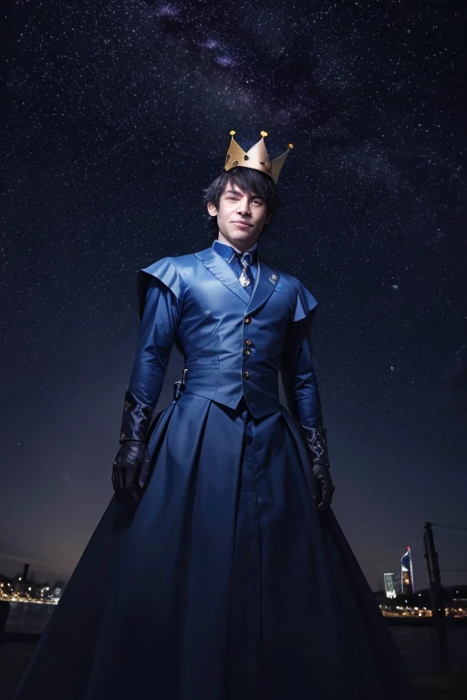 Highest quality, expensive_solve, clear_image, Detailed Background ,A man whose whole body is blue, Random wear, Night Sky,Dutch Angle, Wide Shot,A shy smile, Crown,  