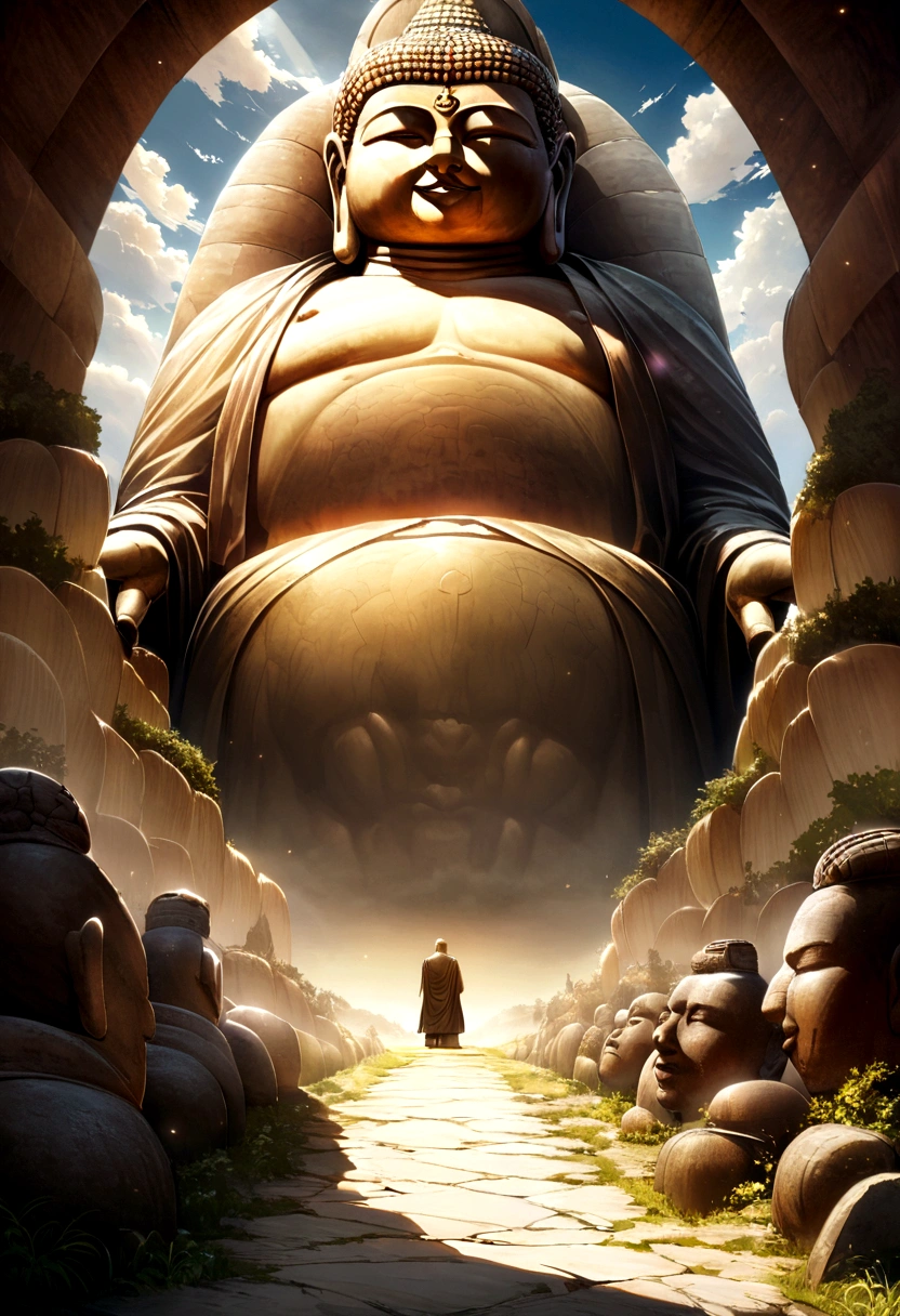 A huge Buddha statue seen in the distance, stone, texture, expensive, Majestic, The background is illuminated by sunlight.,cloud, Inverted Image,side,Pilgrims' Path