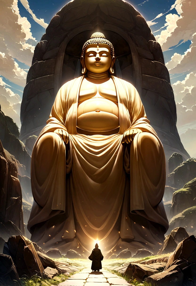 A huge Buddha statue seen in the distance, stone, texture, expensive, Majestic, The background is illuminated by sunlight.，cloud, Inverted Image，side，Pilgrims&#39; Path