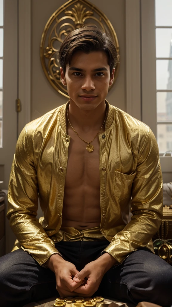 A scene showing a young man sitting in an apartment with the price he has. His face looked enthusiastic and full of curiosity, while around him there were treasures, gold and money
abundance spread wide on the walls. The soft light from the window gives the room a peaceful and reflective feel. The is studying the advantages of wealth, with his enthusiastic eyes showing his determination to understand the complexity and diversity of these treasures.