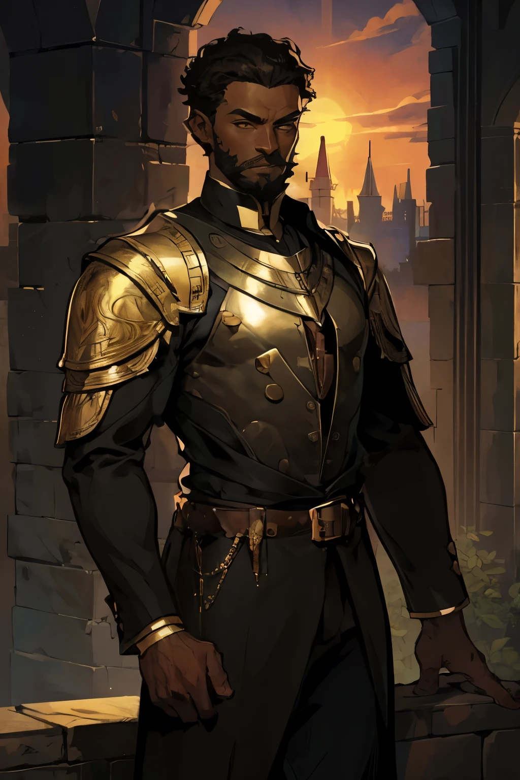 A young dark skin man. He has a short curly hair and a short-boxed beard. A dark medieval breastplate protect his chest and sholder. The background is a distant castle in the sunset.