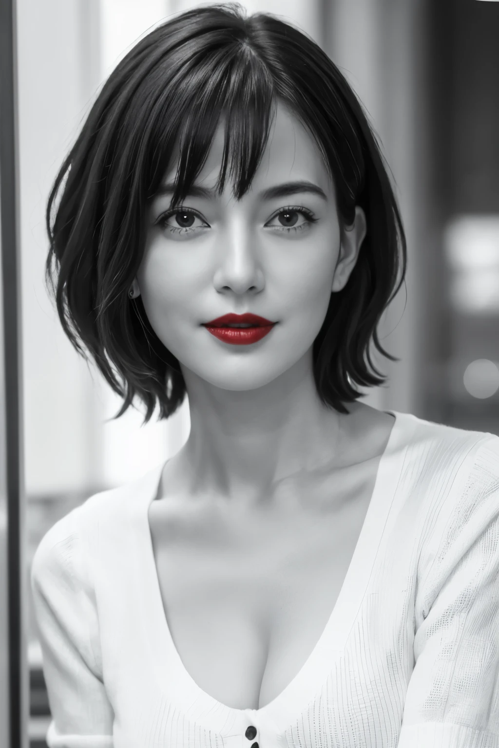 Highest quality. Tabletop, 8K, Best image quality, Award-winning works, One Girl, ((((Black and white photography)))), ((Red lips)), Perfect V-neck knit sweater in light colors, Waist up upper body shot, (Look forward), Perfect Makeup, Long eyelashes, Ultra HD Shining Eyes, Ultra HD Hair, Ultra-high resolution glossy lips, Ultra HD cute face, Very short straight hair, symmetrical hair length, Look at me and smile, clavicle, Accurate anatomy, Face close-up, Luxury Hotel, The most atmospheric and warm lighting, Blurred Background