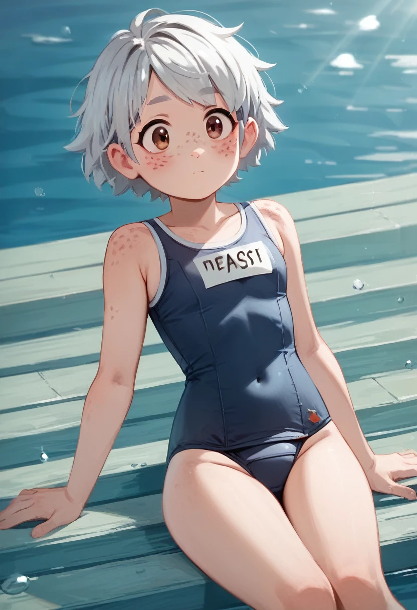 ((cute) | (Moe)| (sweet) | (Fresh)),((Main platform)|( Small Fresh meat)),((1 girl)|( 1 dog))/(Old-fashioned school swimsuit)| ((reFreshing)| (Neat)),((defect)|( freckles)),((4K)|( Ultra HD)),((Silver)|( Short Silver hair) | (Short white hair), Brown eyes, (Messy|Laughter) Hairstyle.NSFW,Full Art,blush,恥ずかしいblush,Roll one's eyes,Sticking out tongue,Pool,Crotch crack,pussy juice,creampie,penis,penis in pussy,Sex