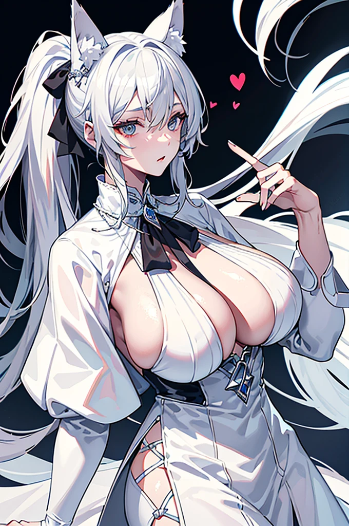best qualtiy,tmasterpiece,The is very detailed,4K,Gray hair and shallow eyes,Drag cool expressions,Wolf ears,Erect scar on the left eye,British style,1girl,Absolutely beautiful, huge breasts, white costume, ear ribbon