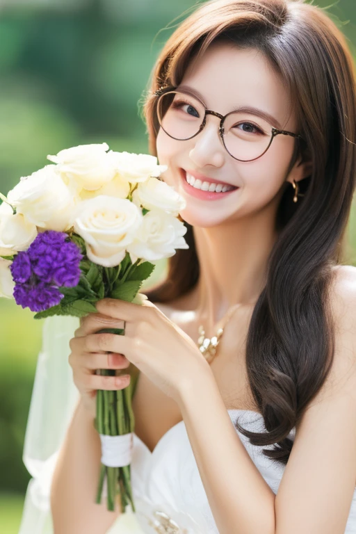Highest quality、masterpiece、High sensitivity、High resolution、Detailed Description、One Woman、Slim Body、Glasses、smile、Holding a bouquet、
