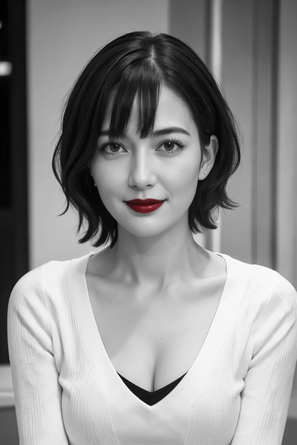Tabletop, Highest quality, Realistic, Very detailed, finely, High resolution, 8k wallpaper, RAW Photos, Professional, High level of detail, 1 Girl, (((Black and white photography))), (((Red lips))), ((Looking into the camera)), (look forward to), Upper Body, short hair, Bob Hair, (Straight hair), Shapely breasts, Cleavage, White V-neck light knit sweater