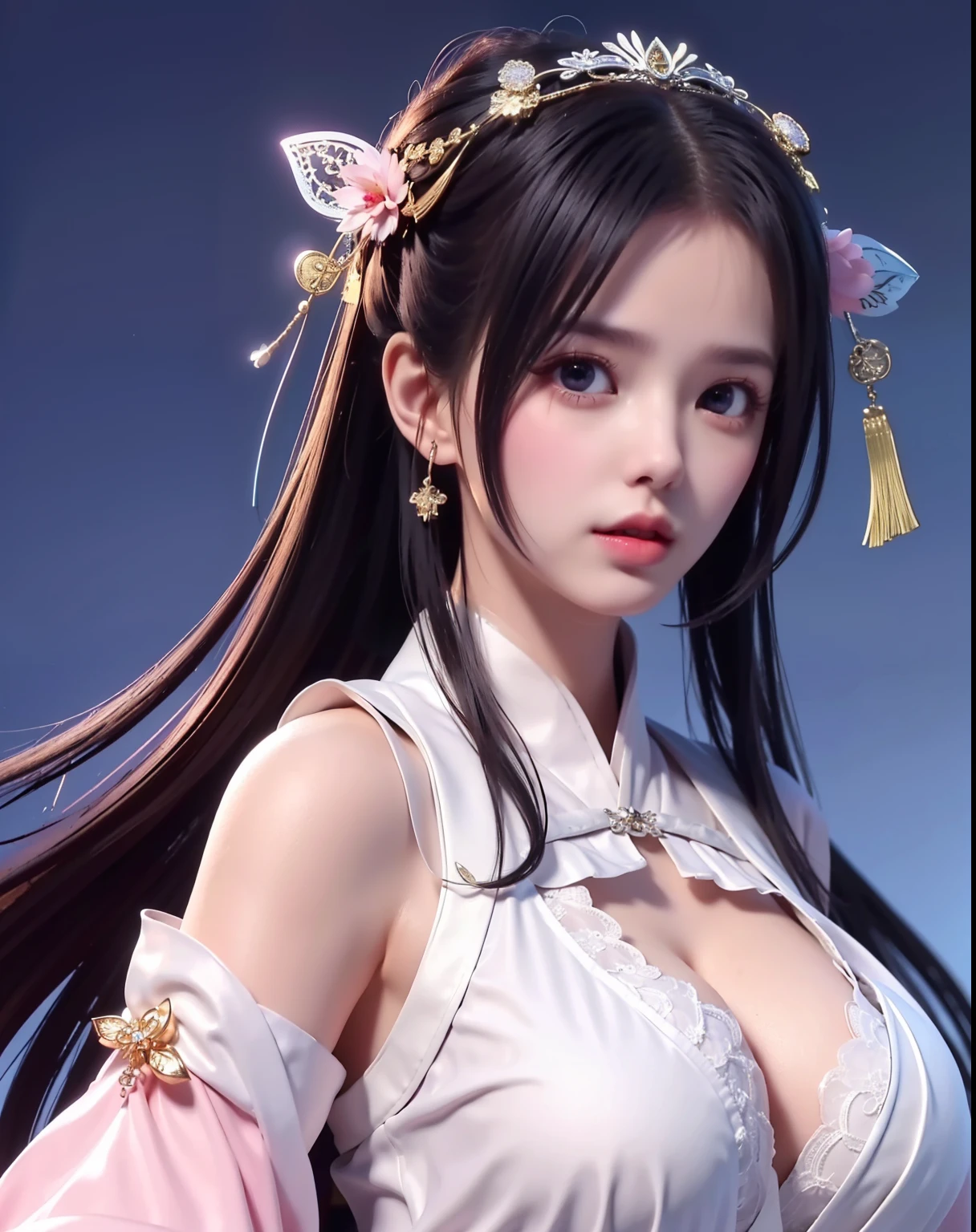 (8k, RAW photo:1.2), best quality, ultra high res,dramatic angle,(fluttered detailed color splashs), (illustration),(((1 girl))),(long hair),(rain:0.9), (Headdress:1.4),There is an ancient palace beside the girl,Hanfu,(Key Points),Color ink painting,(Splash of Color),Splash of Color,(((colorful))),(sketch:0.8) , Masterpiece, best quality, beautiful painted, highly detailed,(denoising:0.6),[splash ink],((ink refraction)), (beautiful detailed sky),moon,highly,detaild,(masterpiece, best quality, extremely detailed） CG Unity 8k Wallpaper，masterpiece，best quality，Ultra Detailed），（Lycoris）. hanfu open v   open V-chested clothes Thin silk lace dress , (huge ，cleavage),, white pink, blue ，best qualtiy，tmasterpiece，Ultra-high resolution，（Reality：1.4），RAW photogr，（True skin texture：1.3），（filmgrain：1.3），（Selfie angle），1个Giant Breast Girl，Beautiful eye and face details，tmasterpiece，Best quality at best，，The chest more exposed， detailed hair, bra pink , detail 8k, full body, lace petticoat, fan handle