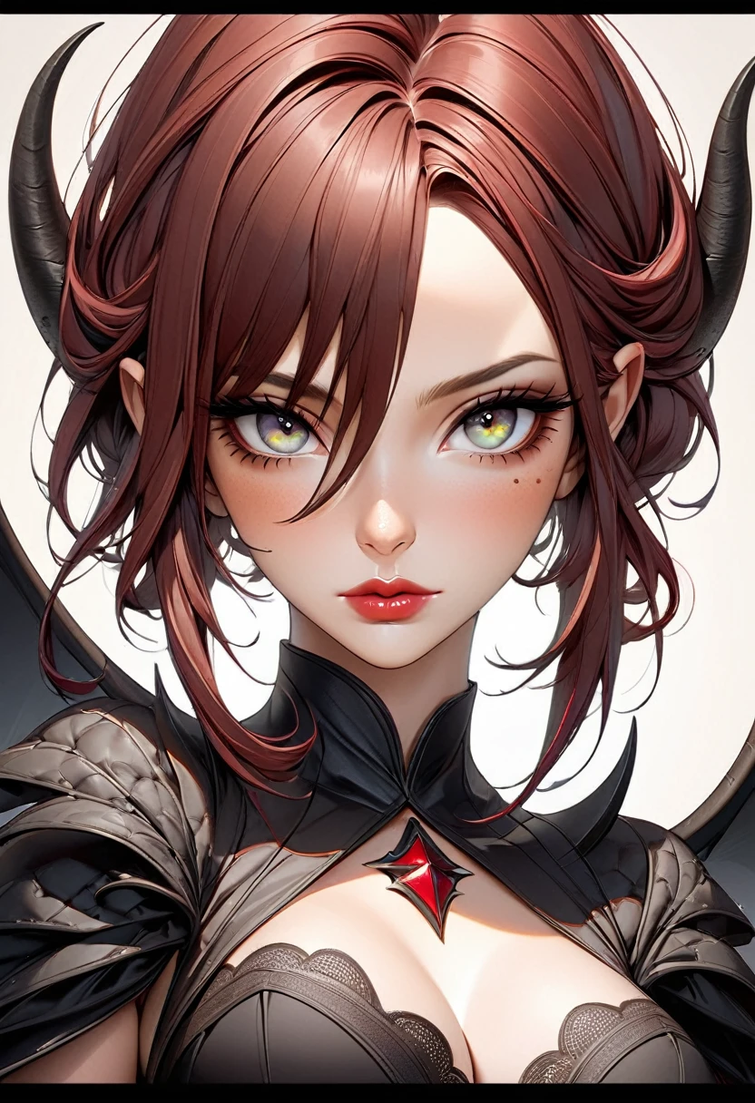 best quality,masterpiece, half body portrait of a woman demon, eyes, nose,lips,hair,freckles,(anime woman:1.3), ,symmetrical eyes, soft lighting, detailed face, concept art, digital painting, looking into camera,3d,art by artgerm