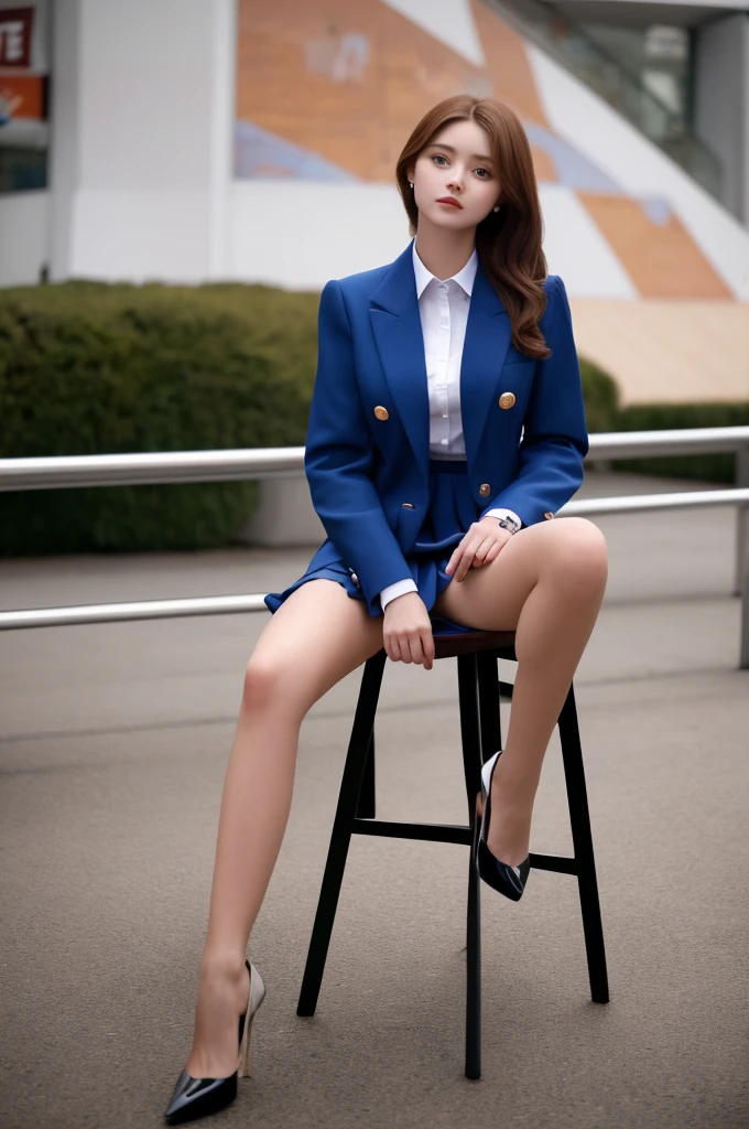 a 19 year old face of the most beautiful actress in the world, the perfect body proportions of a female, blazer is worn on formal shirt, naked crotch of a female between opened legs are seen thanks to skirt is too short, the genitalia of female lower body are seen thanks to legs are opened, sitting on a chair of the city, best quality, highly detailed, masterpiece, ultra high res, photo realistic, 8k