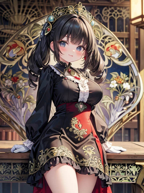 masterpiece, Highest quality, Very detailed, 16K, Ultra-high resolution, (Background blur:1.6), (art nouveau:1.6), Cowboy Shot, 15-year-old female, Perfect Fingers, Detailed face, smug face, black eye, Black Hair, Long Hair, twin drills:1.6, Big Breasts, Victorian dress, (Red dress:1.5), Long skirt, necklace, brooch, White gloves, High heels, Western-style building, large room, chandelier