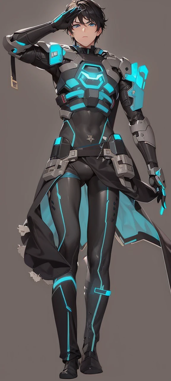 The image shows a young man with short dark hair, dressed in a futuristic and technological suit. His expression is serious and focused.
### Suit Details:
- **chest**: In the center of the chest is a luminous circular design that appears to be a power source or device., surrounded by a pattern of luminous lines in blue.
- **armor**: The suit is made up of black armor that covers the torso, The arms and the legs, with visible details and mechanical components. The armor has blue luminous lines and patterns that run through various parts of the suit, including torso, The arms and the legs.
- **arms**: Both arms are covered by armor, with left arm raised and saluting in a military posture. The right arm features advanced and reinforced technological components.
- **waist**: The waist is equipped with a tactical belt that has various compartments and attached equipment.
- **legs**: The legs are protected by armor, with luminous blue lines that add a technological and futuristic touch. The boots are high and are also part of the armor.
- **accessories**: On his left leg he has an additional component that appears to be part of a technological equipment or weapon..
### expression y POSTURE:
- **expression**: His expression is serious and determined, with a clear focus in his gaze.
- **POSTURE**: He is standing, with a firm and confident posture. His left arm is raised in a military salute gesture, while the right one rests next to his body.
The overall design of the image is high-tech and futuristic, combining armor elements and advanced technological components. The luminous details in neon blue reinforce the idea of a figure equipped for combat or special missions in an advanced and futuristic environment.