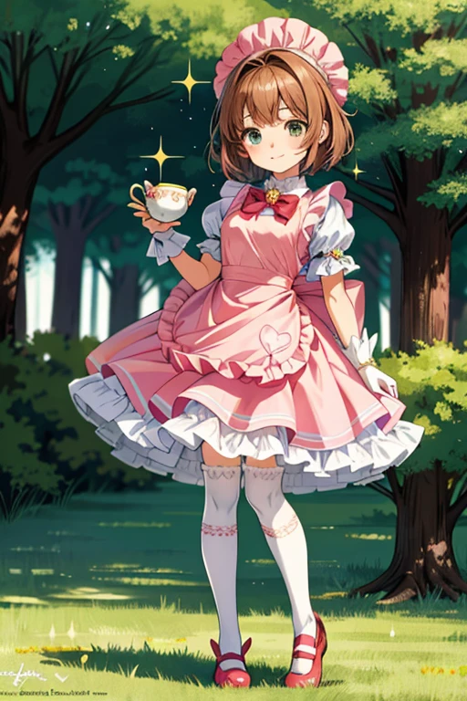 anime,cute, Large parks,A magical girl is drinking tea from a plastic bottle,6 girl,Short Bob Hair,Brown Hair,White Ruffled Apron Dress,Wear a petticoat,Wear knee-high socks,Your eyes are sparkling,Happy expression,Full body portrait,Beautiful background,High resolution backgrounds