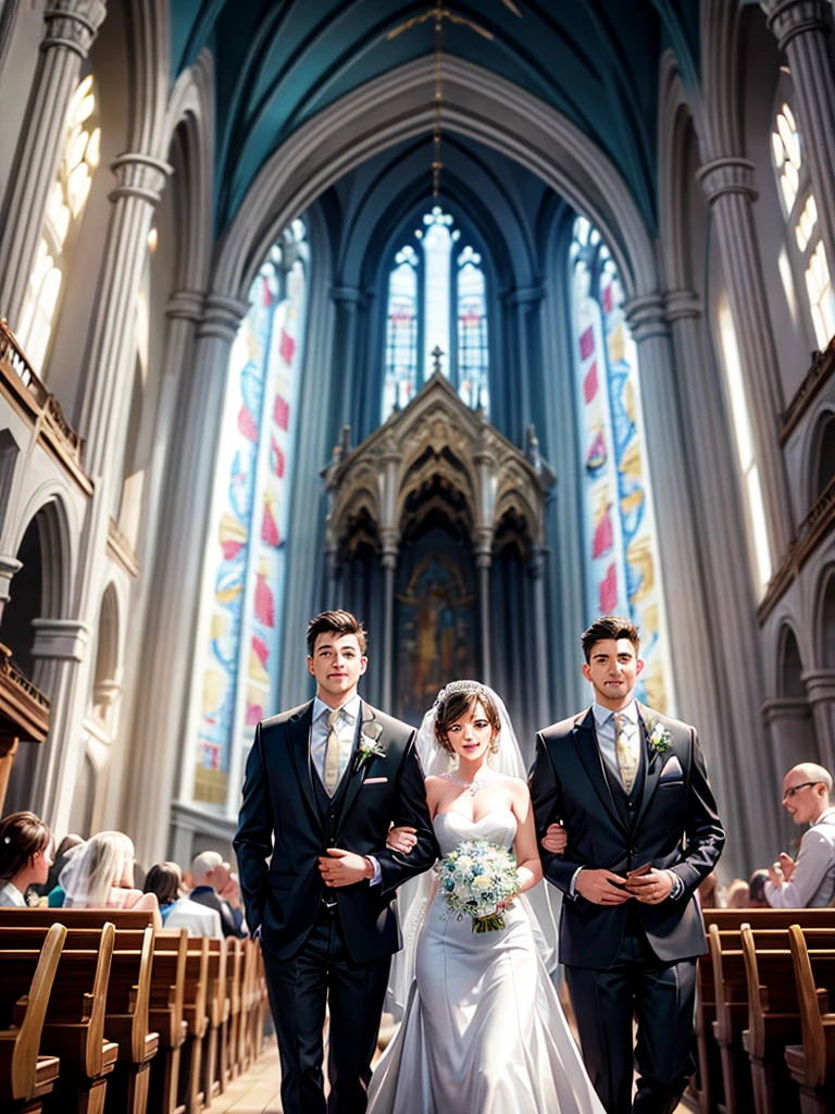 A young man with black hair, dark eyes, tall and wearing a suit next to a young woman with light brown hair and honey eyes