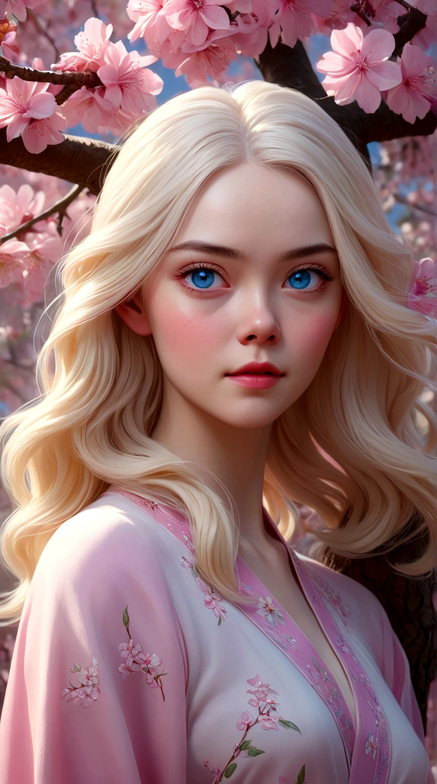 A tree full of pink flowers,Blonde woman with blue eyes and white hair, Soft portrait shots 8 k, inspired by Yanjun Cheng, Alexey Egorov, elle fanning (Elle Fanning) portrait, Detailed portrait of a beautiful woman, 审美portrait, Beautiful digital illustrations, 🌺 CG Society, 8k portrait渲染, Hyperrealistic figures, author:Russell Dongjun Lu, CG Society portrait