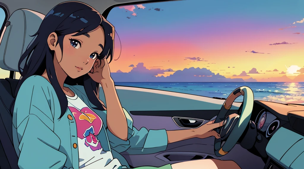 masterpiece, Highest quality, Rainbow Style, アニメ, Beautiful Asian Girl, Sitting in a car, Along the Hawaiian Coast, Cute and dreamy,アニメ,Illustrator,LOFI Girl, Blues,landscape,Sunset