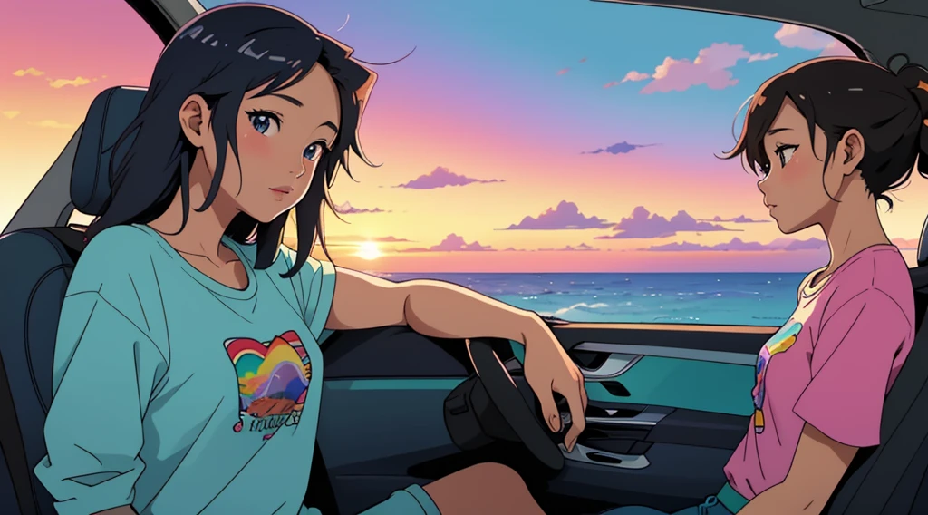 masterpiece, Highest quality, Rainbow Style, アニメ, Beautiful Asian Girl, Sitting in a car, Along the Hawaiian Coast, Cute and dreamy,アニメ,Illustrator,LOFI Girl, Blues,landscape,Sunset