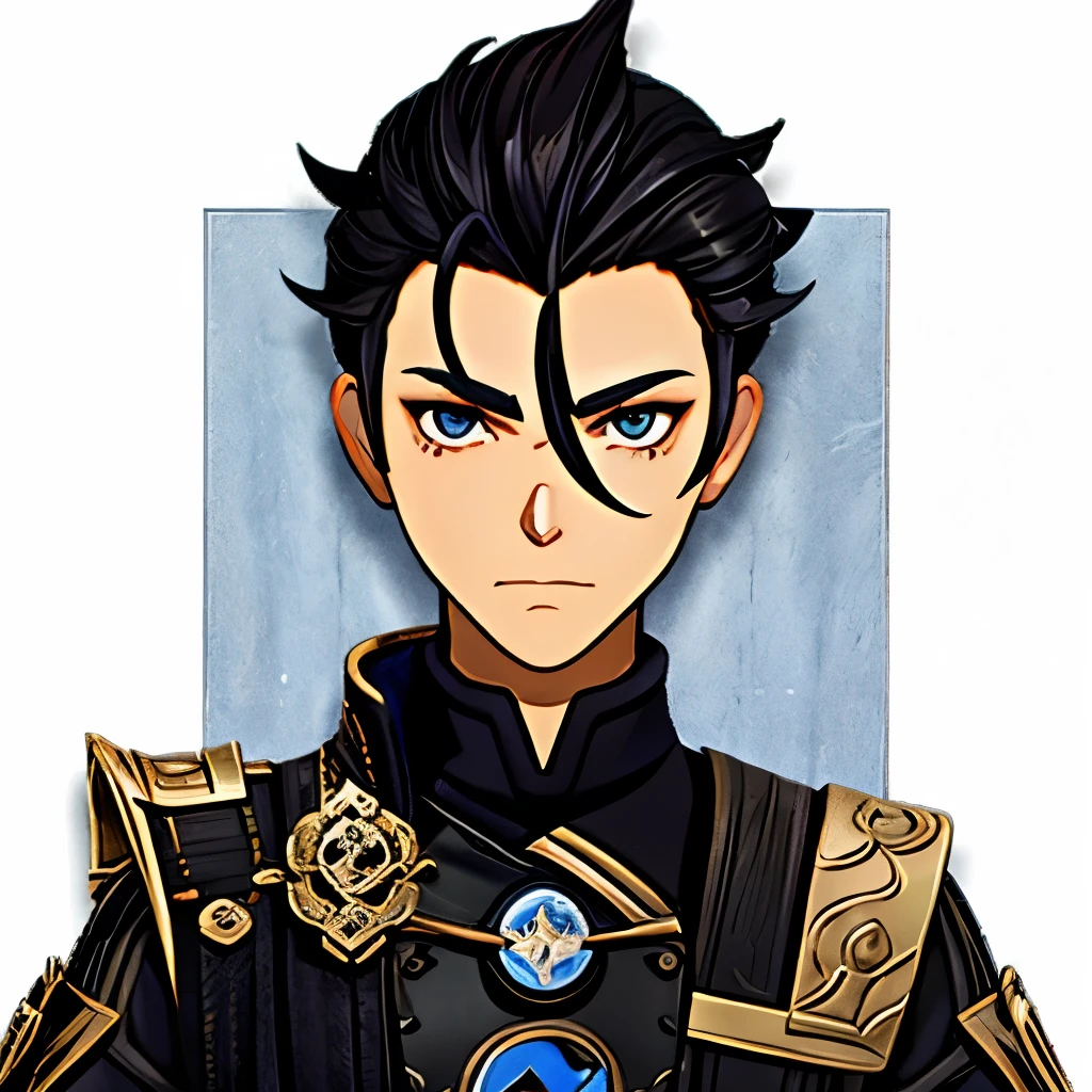 Simple white background, male character Genshin Impact, unique character, serious look, , black suite, short black hair without bangs, não tem franja, goatee, visual novel, detailed black armor, high quality, cinematic, dramatic pose, intricate details, colors vibrant, masterpiece, Genshin Impact