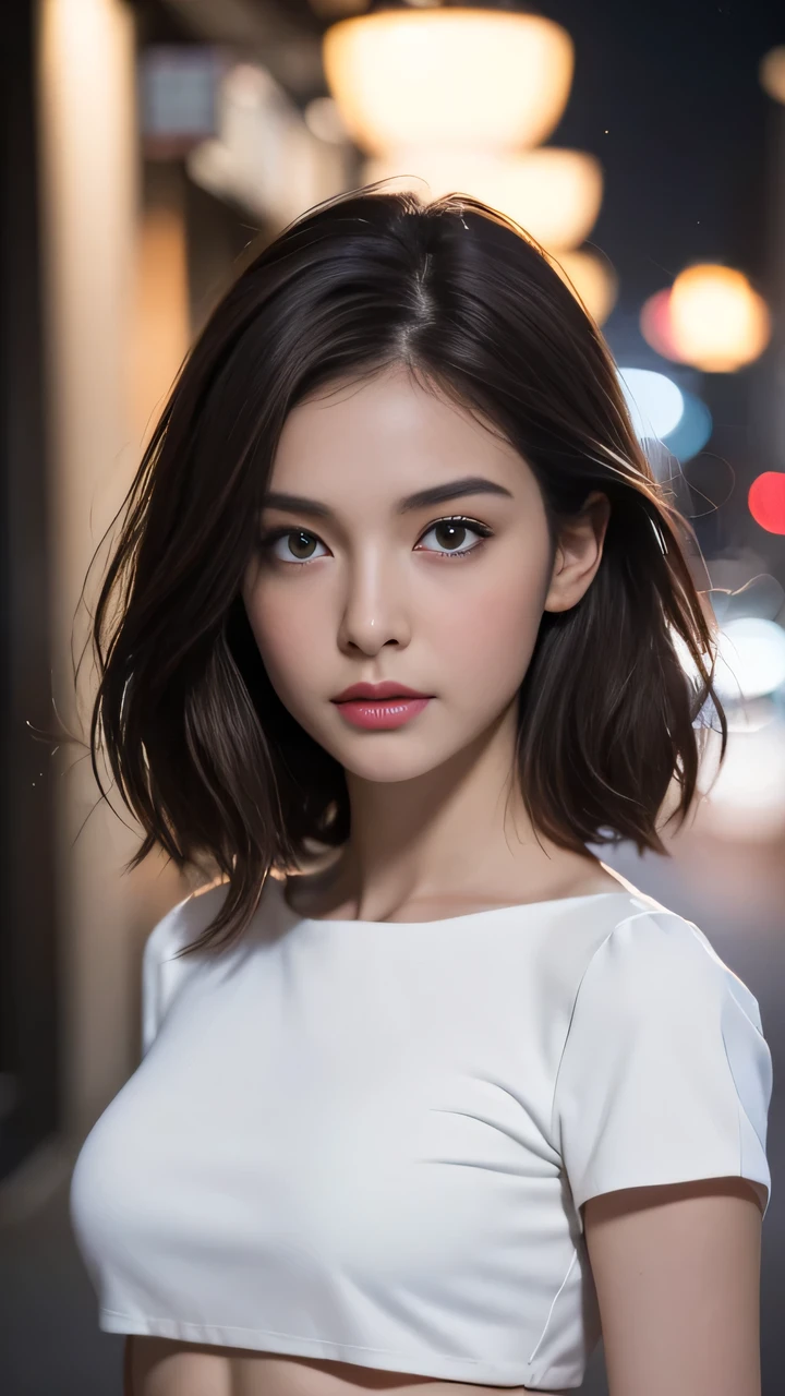 ((Realistic lighting, best quality, 8K, masterpiece: 1.3)), Be focused: 1.2, 1 Girl, perfect beauty: 1.4, Large Breasts: 1.2, Slim abdominal muscles: 1.1, ((Dark brown hair)), (White cropped top: 1.4), (outdoor, night: 1.1), City Streets, Very delicate face, Beautiful eyes, Double eyelids,
